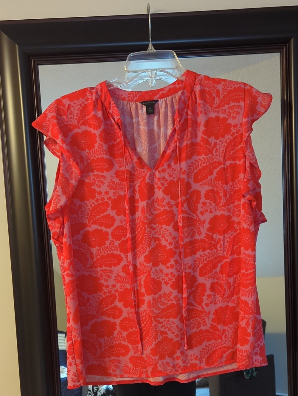 Ann Taylor Coral Pink Floral Tie-Neck Ruffle Sleeve Blouse